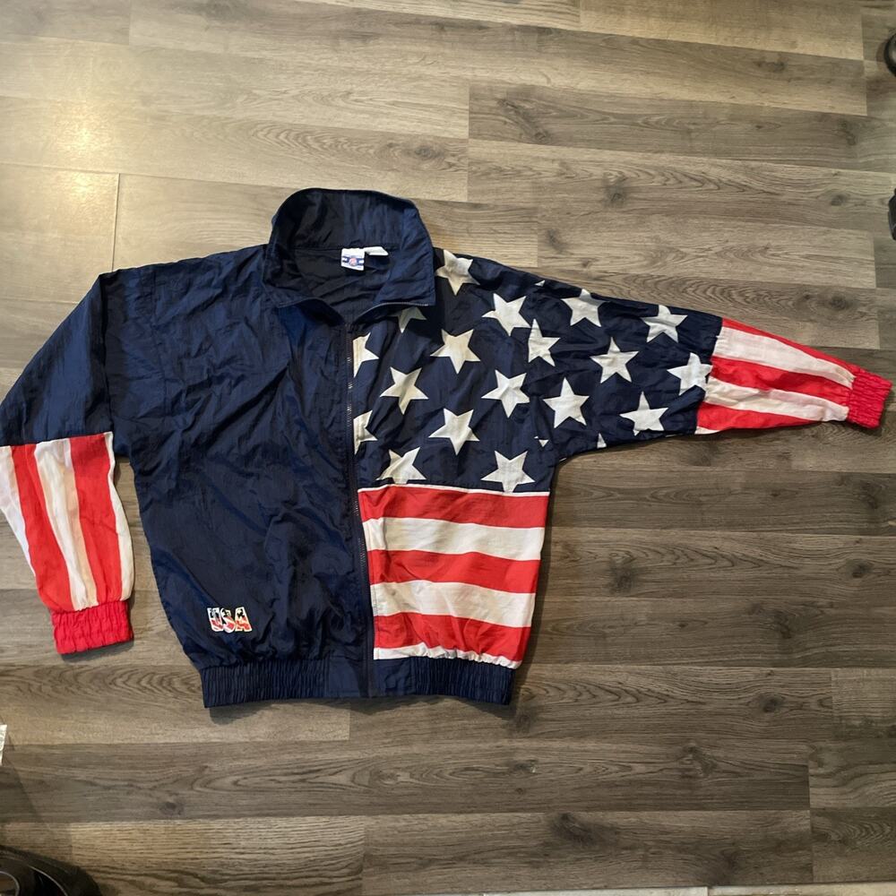 VTG Mens Pro Spirit Zip Up Windbreaker Size Large USA Flag Red White Blue EUC